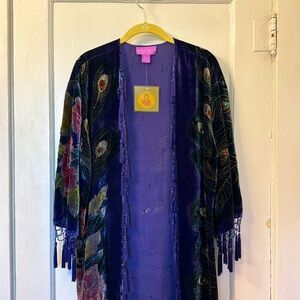 Suzanne Somers Purple Beaded Velvet Duster Kimono Tassels